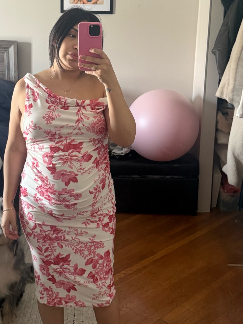 Club L London Cream One-Shoulder Floral Midi Dress with Pink Print - Picture 2 of 3